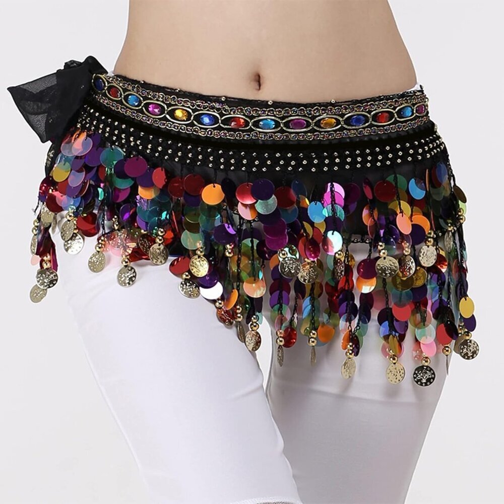 Women’s Belly Dance Hip Scarf Sequins Coins Midi Wrap Performance Costume - Picture 3 of 4